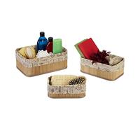Relaxdays Panier de Rangement Bambou et Tissu, lot 3, Corbeille Salle de Bain, Trois Tailles différentes, Nature-Beige