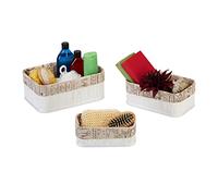 Relaxdays Panier de Rangement Bambou et Tissu, Lot de 3, corbeilles Salle de Bain, 3 Tailles différentes, Blanc/Beige