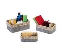 Relaxdays Panier de Rangement Bambou et Tissu, Lot de 3, corbeilles Salle de Bain, 3 Tailles différentes, Gris/Beige