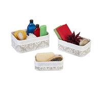 Relaxdays Panier de Rangement Bambou et Tissu, Lot de 3, corbeilles Salle de Bain, 3 Tailles différentes, Blanc/Gris