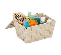 Relaxdays Panier de Rangement en Lot de 2, avec Couvercle, Aspect tressé, Organiseur Salle de Bain, 10,5 x 19,5 x 14,5 cm, Beige