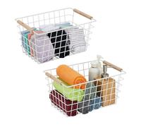 Relaxdays Panier de Rangement en métal, Lot de 2, poignées en Bois, 16 x 31 x 21 cm, rectangulaire, Blanc