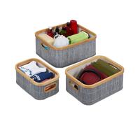Relaxdays Panier de rangement, lot de 3, avec poignées, trois tailles différentes, bambou et polyester, empilables, gris