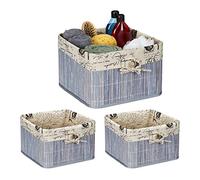 Relaxdays Panier de Rangement, Lot de 3, Bambou et Polyester, HLP : 20x31x31 cm, Corbeille à poignée, boîte d’étagère, Gris/crème