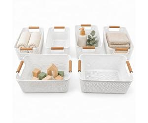 Relaxdays Panier de rangement, lot de 6, H x l x P : 16,2 x 19,5 x 32 cm | Grille avec poignée en bois, en PP et bois de hêtre, blanche
