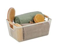 Relaxdays Panier de rangement, poignées bois, rectangulaire, corbeille métal, HxLxP : env. 16,5x37x22,5 cm, déco, blanc