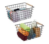 relaxdays Panier en fil métallique avec poignées en bois, lot de 2