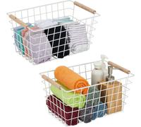 relaxdays Panier en fil métallique avec poignées en bois, lot de 2
