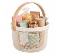 Relaxdays Panier en fil métallique, crème | avec anse, rond, métal et bois, rangement cuisine/bain/salon