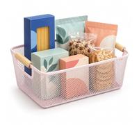 Relaxdays Panier fil métallique, rose | poignées bois, rectangulaire, 16,5 x 37 x 22,5 cm