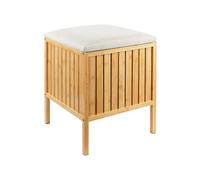 Relaxdays Panier à Linge en Bambou avec Assise et Couvercle rembourré, Tabouret de Rangement de Salle de Bain, 52 x 39 x 39 cm, Naturel/crème