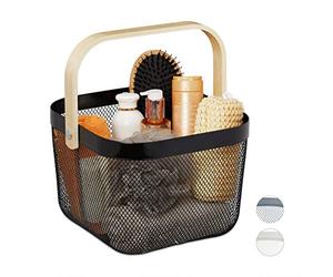 Relaxdays Panier rangement, avec anse, pour vêtement, décorations, acier et bois, panier à ustensiles, HlP 17,5x26x24,5