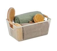 Relaxdays Panier de Rangement, poignées Bois, rectangulaire, Corbeille métal, HxLxP : env. 16,5x37x22,5 cm, déco, Blanc