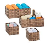 Relaxdays Panier tressé Rangement, Lot de 4, Salle de Bain, rectangulaires, 3 Tailles, Plastique, Marron