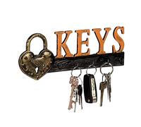 Relaxdays Panneau à clés, 5 crochets, Cadenas & écriture Keys, fonte de fer, vintage, HLP 10x26x3 cm, orange/noir