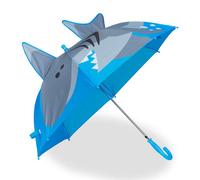 Relaxdays Parapluie Enfant, Motif Requin 3D, Protection Anti-Pluie, diamètre 78 cm, poignée Canne, Bleu/Gris