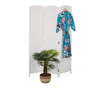 Relaxdays Paravent, Bois et Corde de Papier, Brise-Vue Pliable, 3 Volets, H x L : 170 x 120 cm, pour intérieur, Blanc