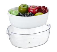 Relaxdays Passoire avec Bol, Plastique, Laver Fruits & légumes, égoutter pâtes, saladier, poignées, Transparent - Blanc
