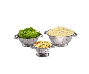 Relaxdays Passoire pâtes, lot de 3, égouttoir Ø 15 cm, 20 cm & 25 cm, acier inoxydable, avec poignées, cuisine, argenté