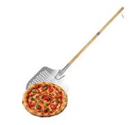 Relaxdays Pelle à Pizza perforée, Manche en Bois Amovible, 132 cm, en Aluminium et INOX, argentée