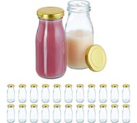 Relaxdays Lot de 24 flacons en verre, 150 ml, avec bouchon à vis, pour smoothies, jus, lait, rechargeables, transparent/doré