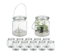 Relaxdays Photophore en Verre, Lot de 12, Porte-Bougie avec Anse, HxD : 9,5x8 cm, bougeoir Rond, Transparent/argenté