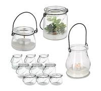 Relaxdays Photophore en Verre, Lot de 12, Porte-Bougie avec Anse Noire, 3 Tailles, Rond, Transparent