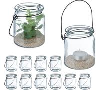 Relaxdays Photophore en Verre, Lot de 12, Porte-Bougie avec Anse Noire, HxD : 9,5x8 cm, bougeoir Rond, Transparent/Noir