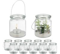 Relaxdays Photophore en Verre, Lot de 12, Porte-Bougie avec Anse, HxD : 9,5x8 cm, bougeoir Rond, Transparent/argenté