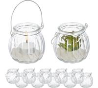Relaxdays Photophore en Verre, Lot de 12, Porte-Bougie avec Anse argentée, HxD : 7,5 x 8 cm, Rond, Transparent