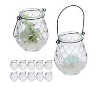 Relaxdays Photophores, Lot de 12, Verre, Anse, H x D: 10 x 8,5 cm, extérieur & intérieur, lanternes, Transparent - Noir