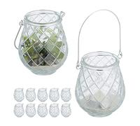 Relaxdays Photophores, Lot de 12, Verre, Anse, HxD: 10 x 8,5 cm, extérieur & intérieur, lanternes, Transparent - argenté