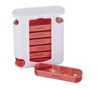 Relaxdays 10023633_358 Pilulier 7 jours 4 compartiments anglais boîte médicaments semainier matin midi soir nuit, blanc rouge, Plastique, 13 x 11,5 x 4,5 cm