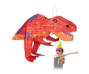 relaxdays Pinata à suspendre Dinosaure T-Rex, Pour enfants, à remplir anniversaire jeux décoration papier, rouge, 10028078