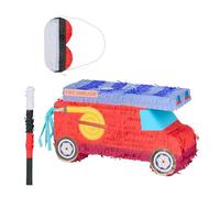 Relaxdays Piñata à Suspendre, en Forme de Camion de Pompier, avec bâton et Masque, Unisexe, à remplir, Rouge