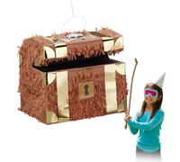 Relaxdays- Pinata Coffre au trésor à Suspendre pour Enfants à remplir Anniversaire Jeux, Marron, 27 x 30 x 23 cm