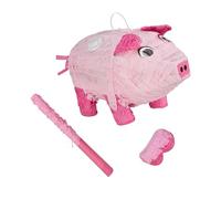 Relaxdays Piñata Cochon pour Enfants, avec bâton et Masque, à remplir, 25 x 20 x 43 cm, Rose