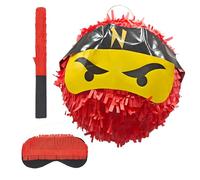 Relaxdays Piñata Ninja, avec bâton et Masque, à remplir,Ø25 cm, Rouge, fête d'anniversaire pour Enfants