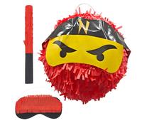 Relaxdays Pinata Ninja, avec bâton et masque, pinata d'anniversaire pour enfants, à remplir, Ø 25 cm, rouge