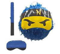Relaxdays Piñata Ninja, avec bâton, Masque, à remplir, ø 25 cm, Anniversaire Enfants, Bleue
