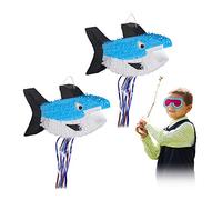 Relaxdays Piñata prenant la Forme d'un Requin, Lot de 2, à Suspendre, pour Enfants, remplir, Anniversaire Jeux décoration, Bleu