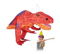 Relaxdays Pinata à suspendre Dinosaure T-Rex, Pour enfants, à remplir anniversaire jeux décoration papier, rouge
