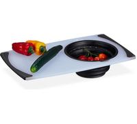 Relaxdays Planche à découper avec passoire, Plastique, 50x29 cm, bac récupérateur Pliable, pour la Cuisine, Blanc - Noir