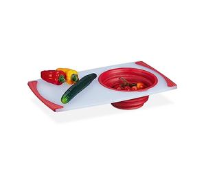 Relaxdays Planche à découper avec passoire, Plastique, 50x29 cm, bac récupérateur Pliable, pour Cuisine, Blanc - Rouge