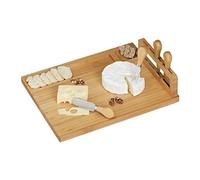 Relaxdays Planche à fromage, couverts à fromage, couteau pâte molle et dure, fourchette, pelle, bambou et inox, nature