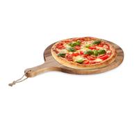 Relaxdays Planche à Pizza, Plateau Rond en Bois d’Acacia, diamètre de 35,5 cm, avec poignée, Nature