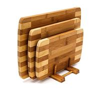 Relaxdays Planches à découper Set 3 pièces bambou naturel avec support inclus, design rayé