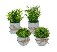 Relaxdays Plante Artificielle en Plastique, Lot de 4, détails réalistes, Pot en Pierre, romarin, buis, Herbe, Vert/Gris