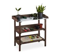relaxdays Plantes, Plaque métallique, Table de dépotage avec rangements, Bois, 86 x 92 x 41 cm, Marron, Brun foncé