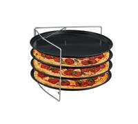 Relaxdays Plaque à pizza 4 pièces avec support, antiadhésif, acier au carbone, rond anthracite/argent